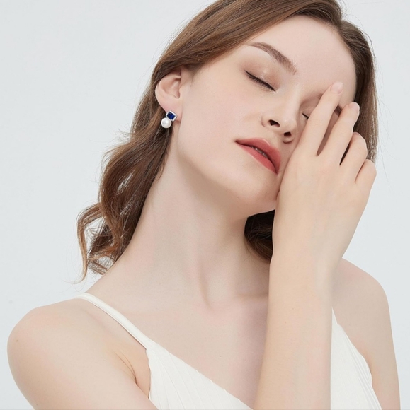 5A Blue Cubic Zirconia Real Cultured Pearls Earrings 925 Sterling Silver - Picture 6 of 6